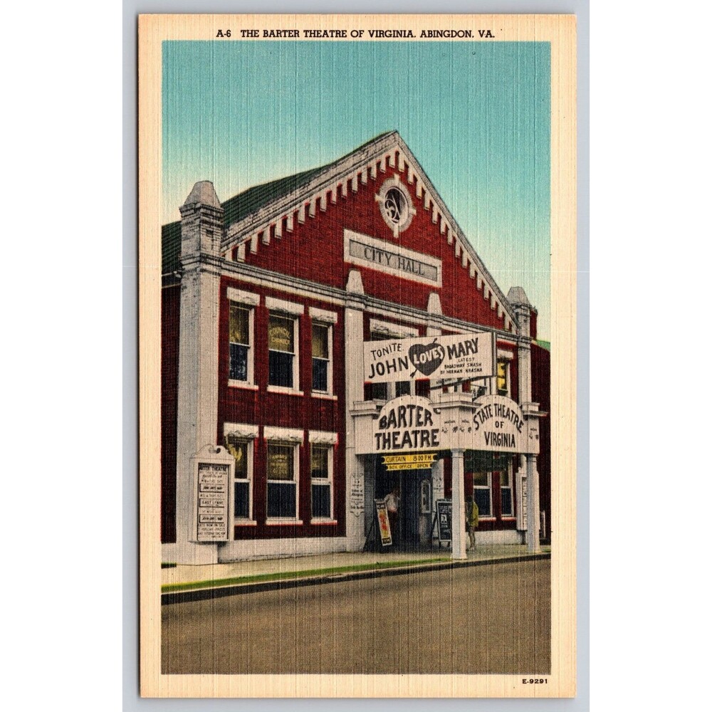 Vtg Linen Postcard Barter Theatre Abingdon VA John Loves Mary City Hall E-9291